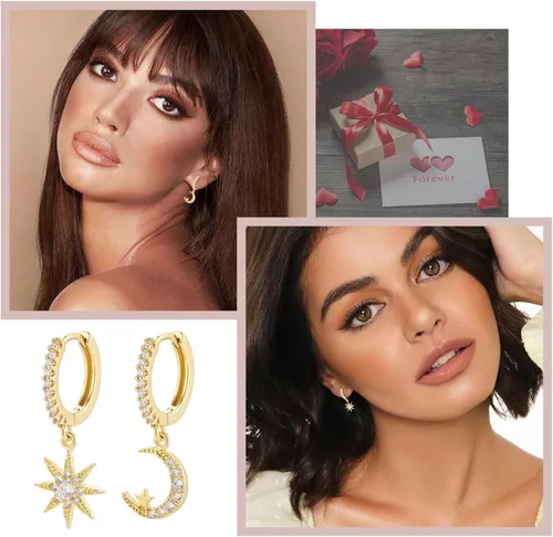 Vista 21 de Gold Huggie Hoop Earrings Crystal Green Drop Earrings