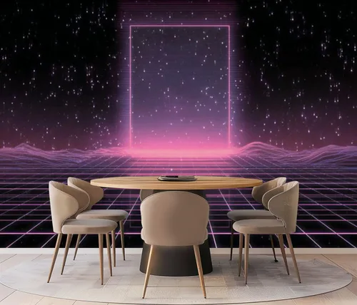 Vista 4 de Mural de pared Synthwave de onda de vapor retrowave rosa de gran brillo medio autoadhesivo autoadhesivo removible adhesivo adhesivo de pared