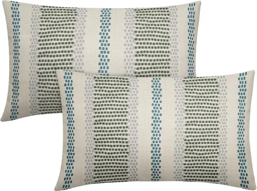 Vista 44 de Juego de 2 fundas de almohada negras y azules con rayas de puntos grises, decorativas para exteriores, estilo boho rústico, para sofá, cama, cojín