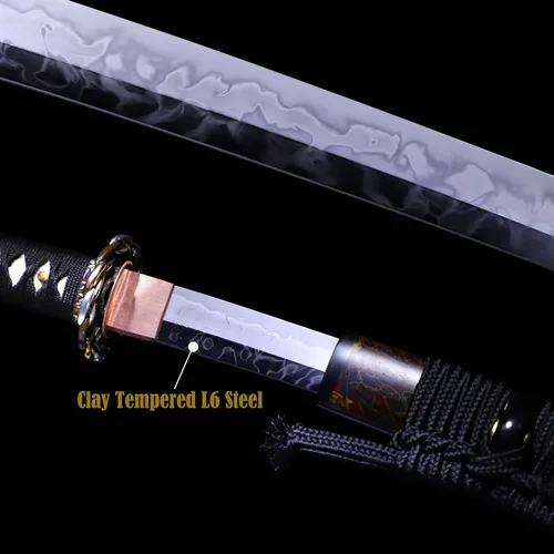 Vista 2 de Espada katana forjada a mano, arcilla real, acero templado L6, Hitatsura Hamon () Espada samurai espada de espiga completa