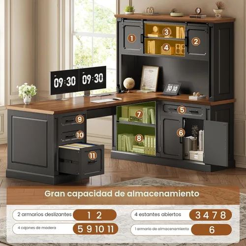 Vista 4 de SEDETA Escritorio ejecutivo en forma de L de granja de 67 pulgadas con Negro+marrón