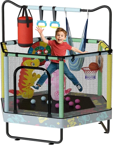 Vista 14 de LAMERGE Trampolín redondo 7 en 1 de 55 pulgadas para niños y niñas de 1 a 8 años, trampolín para interiores y exteriores para diversión, barandilla