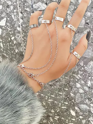 Vista 3 de Pulsera de anillo, cadena de mano, anillos de dedo para mujer, pulsera punk, garras de dedos, pulseras para adolescentes, niñas, ajustable
