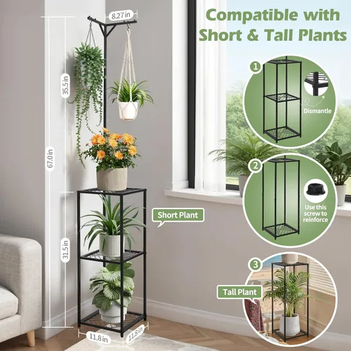 Vista 3 de CZWL&HG Soporte de 3 niveles para plantas colgantes para interiores y exteriores, estante de metal de 67 pulgadas de alto para 5 flores en maceta