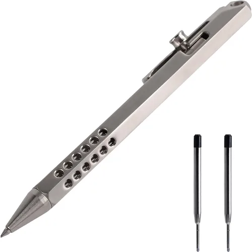 Vista 4 de SMOOTHERPRO Bolígrafo de acción de perno de titanio de 6 bordes, bolígrafo hexagonal EDC con 2 repuestos, diseño hueco ligero para escritura Negro