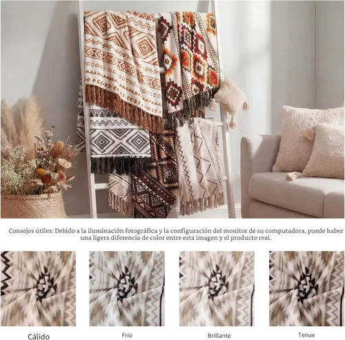 Vista 9 de CASAAGUSTO Manta Boho - Mantas Decorativas Beige y Gris con Borla, Manta Bohemia de Franela Estampada para Silla, Cama, Sofá, Sillón
