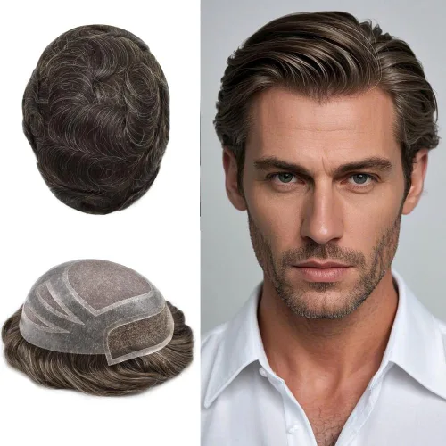 Vista 31 de Toupee - Piezas de pelo para hombres, cabello humano real, sistema de reemplazo de cabello francés, encaje francés, extensiones de cabello