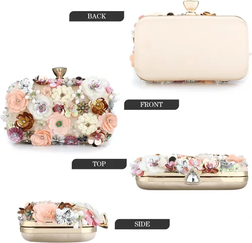 Vista 4 de Bolso de mano de noche floral para mujer con diamantes de imitación de metal con flores para mujer, boda, graduación, fiesta, lentejuelas 3D, bolso