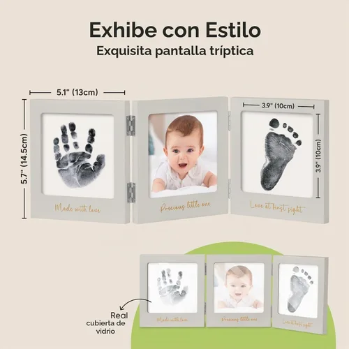 Vista 3 de Kit de huellas de manos y huellas para bebé sin tinta para recién nacido Gris nube/dorado