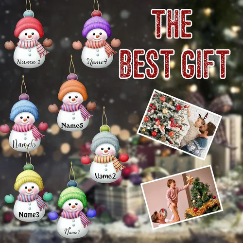 Vista 7 de Adornos de Navidad personalizados con nombres, muñeco de nieve, 8 piezas, adorno familiar personalizado, decoración colgante de madera para árbol