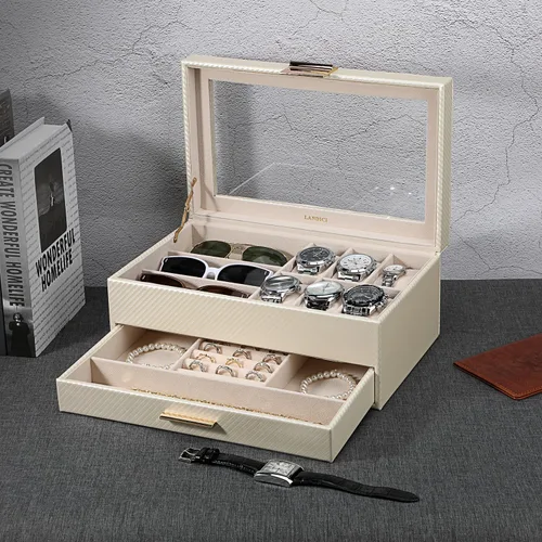 Vista 6 de LANDICI Caja de reloj para hombres y mujeres, 2 capas de piel sintética, organizador de relojes, caja de almacenamiento grande, caja de joyería