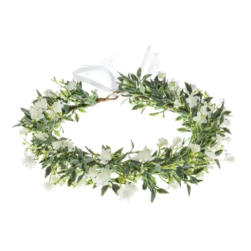 Vista 4 de DreamLily Corona blanca de flor de aliento de bebé, corona de eucalipto, tocado de dama de honor, corona de pelo bohemio DFS18 (azul eucalipto)