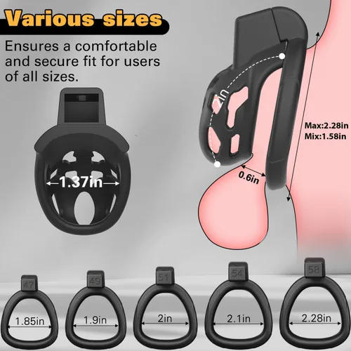 Vista 2 de Jaula de castidad masculina, dispositivo XS de castidad con 5 tamaños de anillos y candado invisible para ejercicio del pene del hombre