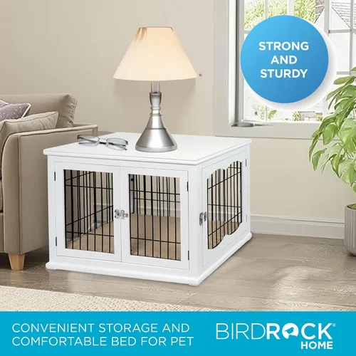 Vista 6 de INTERNET'S BEST Perrera decorativa para perros con cama para mascotas, casa pequeña para mascotas, jaula interior de doble puerta, muebles de madera