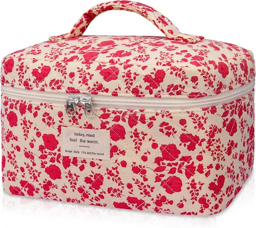 Vista 42 de Gosect Bolsa de maquillaje grande, bonita bolsa de cosméticos para mujeres y niñas, bolsa de aseo estética de coqueta floral, bolsa organizadora