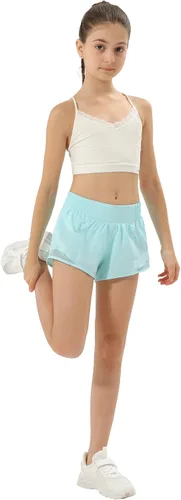 Vista 5 de Aurefin Pantalones cortos deportivos para niñas, pantalones cortos ligeros para correr para adolescentes, niñas, pantalones cortos deportivos