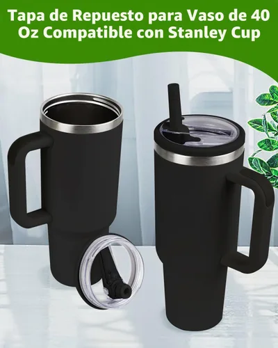 Vista 6 de Tapa de repuesto con popote abatible compatible con vaso Stanley de 40 onzas, paquete de 2 (negro, 40 onzas)