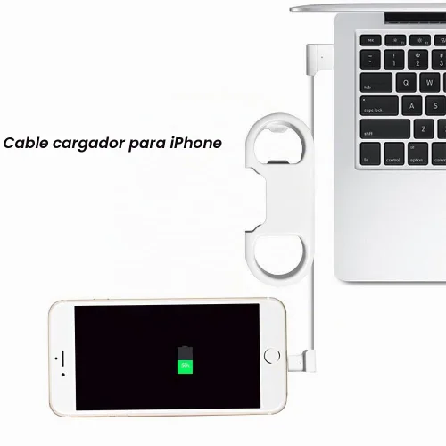 Vista 3 de Cable Lightning para carga de iPhone + llavero + abridor de botellas + mosquetón de aluminio, llavero portátil multifunción con abridor de botellas