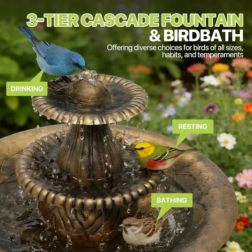 Vista 6 de Magshion Baños para pájaros de 3 niveles de 37 pulgadas de alto para exteriores, baño vintage para pájaros con pedestal con bomba de recirculación