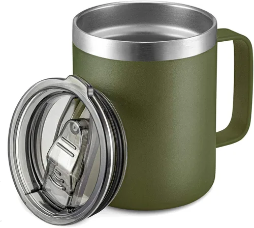 Vista 29 de Taza de café aislada de 12 onzas con asa, taza de café de viaje de acero inoxidable con tapa abatible, vaso de café de doble pared con aislamiento