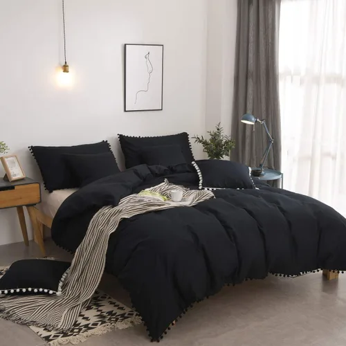 Vista 5 de Softta Euro Sham Covers - Juego de 2 fundas de almohada de 26 x 26 pulgadas con pompón negro, estilo étnico, vintage, 100% algodón puro, fundas