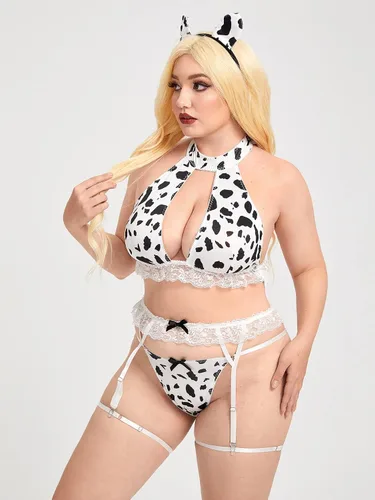 Vista 3 de OYOANGLE Conjunto de lencería para mujer, talla grande, 6 piezas, con estampado de vaca, para cosplay, conjunto de lencería