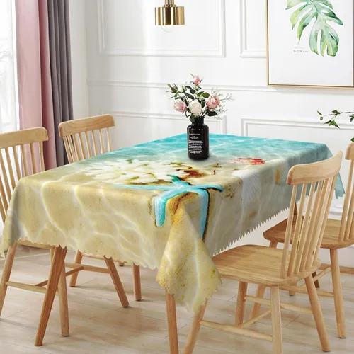 Vista 29 de Mantel oblongo, diseño de playa de 52 x 70 pulgadas, diseño de playa con estrellas de mar y olas de mar, con decoración impermeable y resistente a