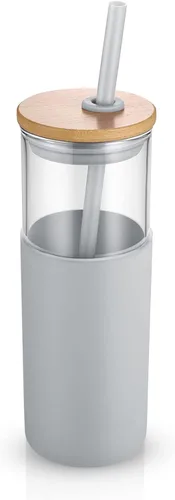 Vista 12 de Tronco Vaso de vidrio de 28 onzas con tapas y pajilla, taza reutilizable para café helado y vaso para batidos con tapa de bambú, funda de silicona