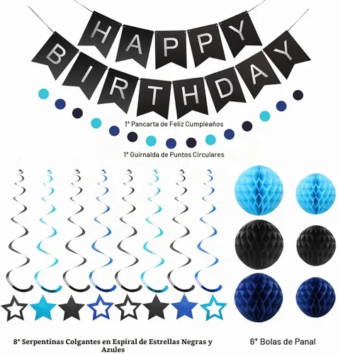 Vista 6 de meowtastic Birthday Decorations Happy Birthday Banner with Honeycomb Balls Negro y azul