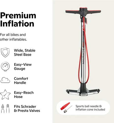 Vista 20 de Schwinn Serie Air Center o bomba de piso básica, para una gama de bicicletas, 100, 120 o 160 PSI, mango de agarre suave, cabezal doble para válvulas