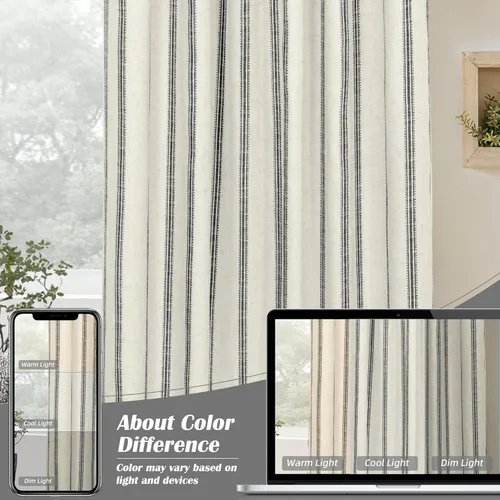 Vista 8 de DriftAway, cortinas de mezcla de lino estilo granja 100% opacas de 63 pulgadas de largo para dormitorio, cortinas de lino con rayas verticales