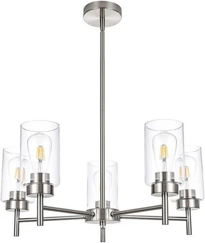 Vista 8 de Candelabro de granja de 5 luces para comedor, isla de cocina, modernos candelabros colgantes de latón cepillado con pantallas de vidrio transparente