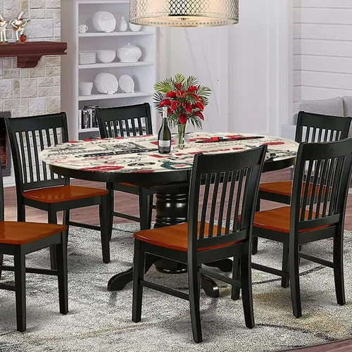 Vista 2 de XISUNYA Mantel ovalado ajustable para patio, mantel de poliéster elástico de París, mantel ajustable con estampado de croissant de café y vino, se