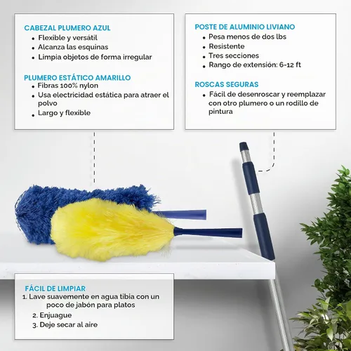 Vista 5 de Feather Microfiber Plus Nylon Static Cobweb Duster Alcanza hasta 20 pies Kit de plumero Webster de ventilador de techo extensible de 3 niveles