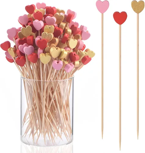 Vista 14 de JtmyAota Paquete de 100 palillos de dientes de frutas, palillos de bambú en forma de corazón, palillos de bambú natural para aperitivos, pastel