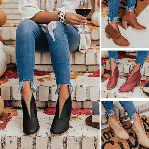 Vista 3 de Botas para mujer, botas de plataforma retro sin cordones con corte en V para mujer, botas de tobillo con punta puntiaguda, botas cortas casuales