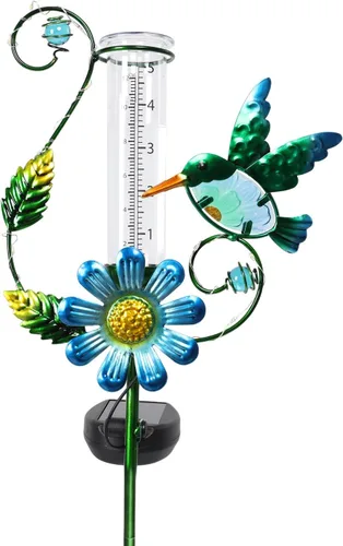 Vista 9 de MUMTOP Medidor de Lluvia para Exteriores, Estaca Decorativa de Colibrí de Metal con Flores, Alimentada por Energía Solar para Césped, Patio y Jardín