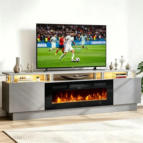 Vista 12 de oneinmil Soporte de TV con chimenea de 70 pulgadas para sala de estar, centro de entretenimiento con chimenea eléctrica con luces LED dobles