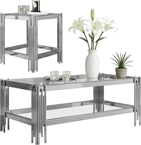 Vista 13 de SSLine Mesa de centro de cristal negro con marco de acero inoxidable dorado, mesa de centro rectangular de lujo de 2 niveles para sala de estar Café