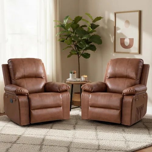 Vista 12 de Silla reclinable de cuero mecedora giratoria de 360° para adultos Camello