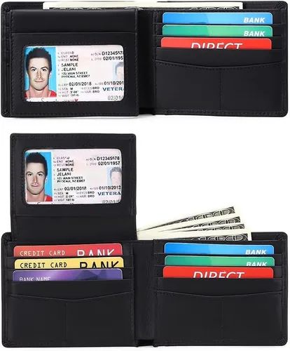 Vista 8 de GOIACII - Elegante cartera de cuero genuino para hombre, tarjetero espacioso con bloqueo RFID, doble blando, 2 tarjetas de identificación