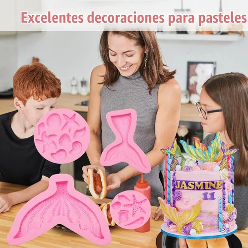 Vista 5 de Moldes de fondant con temática marina, 4 piezas, cola de sirena, concha, estrella de mar, para hornear, chocolate, moldes de silicona