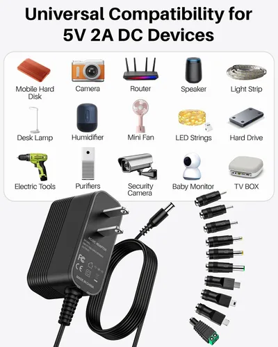 Vista 2 de Adaptador de corriente 5V 2A Cargador de 5V Fuente de alimentación CC para conmutación regulada con 10 tomas intercambiables para 2000mA 1500mA