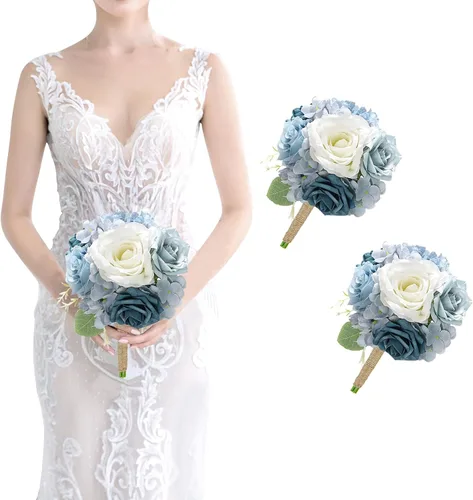 Vista 22 de Ramo de dama de honor artificial para boda, ramo de flores de seda prefabricadas de 7 pulgadas, ramo de flores pequeñas para dama de honor