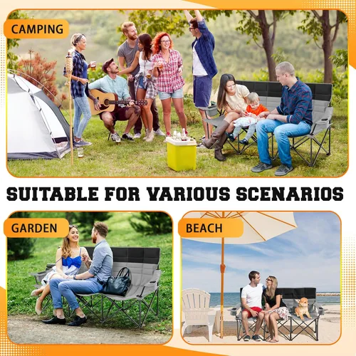 Vista 5 de Teenyyou Silla baja de camping para 3 personas con cojín grueso, silla plegable de gran tamaño para acampar en la playa, 700 libras, sofá biplaza