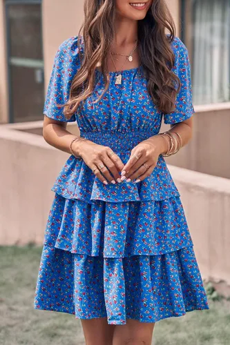 Vista 8 de PRETTYGARDEN Vestido corto de verano floral para mujer 2023, cuello cuadrado, manga corta, con volantes, estilo bohemio, con vuelo