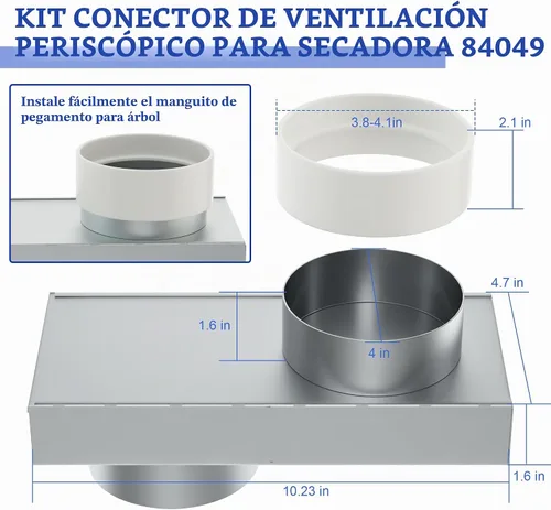 Vista 2 de Periscope - Rejilla de ventilación de secadora ajustable de acero inoxidable de 0-5 pulgadas, kit de conector 84049, adaptador de manguera