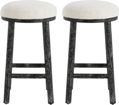 Vista 4 de Christopher Knight Home Aubrie - Juego de 2 taburetes de bar redondos de tela Boucle para isla de cocina, silla de comedor de madera sin espalda