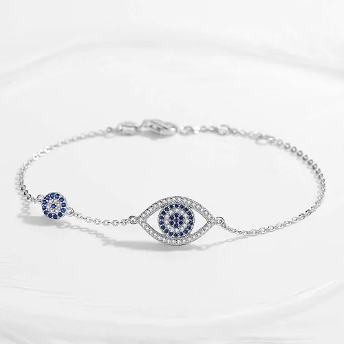 Vista 4 de Kaletine Blue Evil Eyes Link Bracelet Sterling Silver 925 Cubic Zirconia Chain Adjustable 67 7 75
