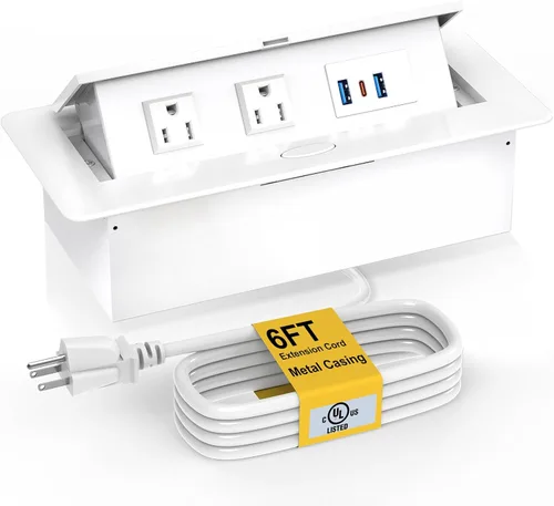 Vista 8 de Regleta de Alimentación Certificada UL, Kungfuking Caja de Toma de Corriente Emergente de Escritorio con Puertos de Carga USB Duales, Receptáculo